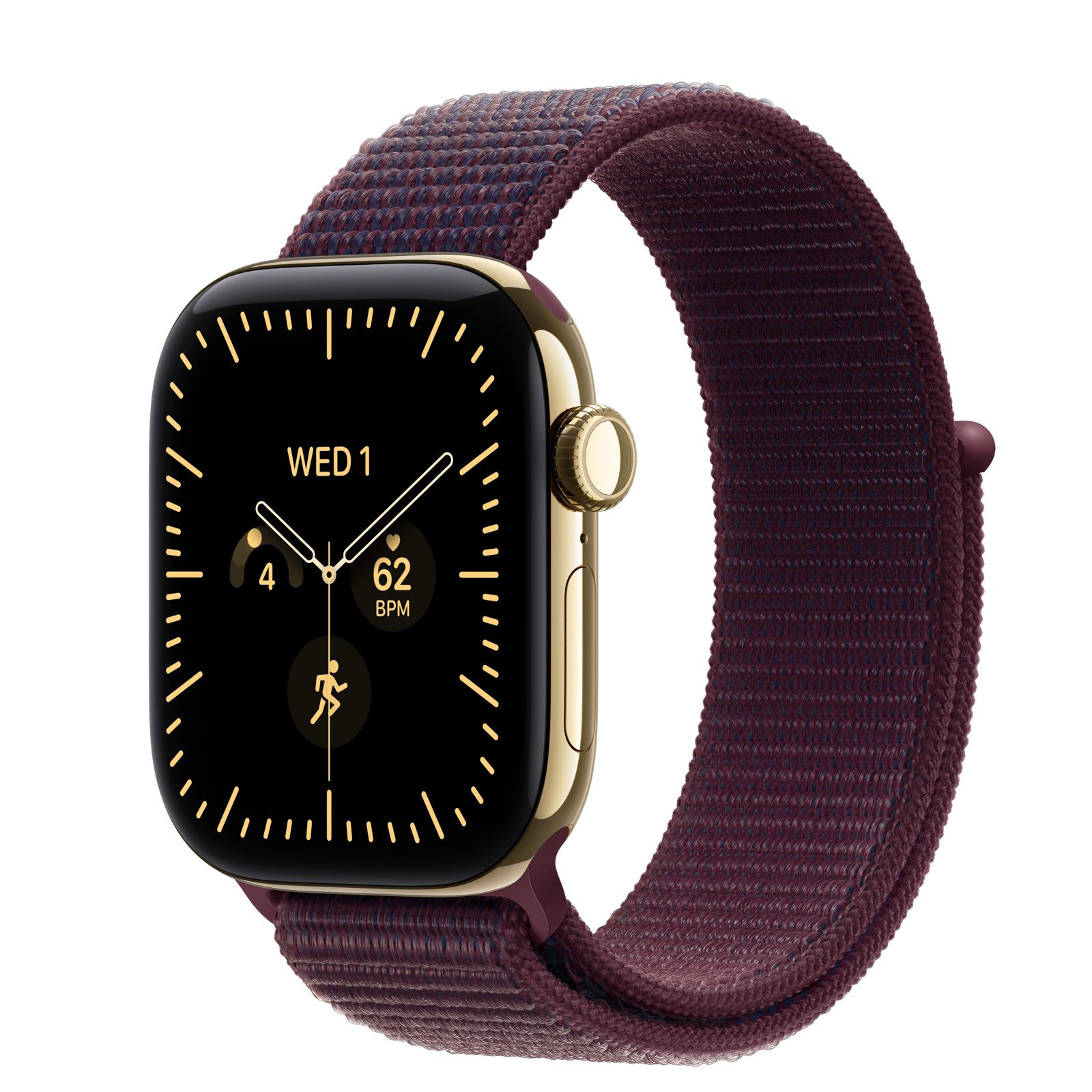 Apple Watch Series 12 (GPS + Cellular) • Titanboett skinande guld, 42 mm • Sportloop bourgogne