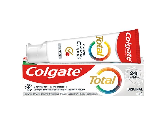 Colgate Total Original, 75 ml, Vuxna/Barn, Sodium Fluoride Glycerin Aqua Hydrated Silica Calcium Pyrophosphate Sodium Methyl Cocoyl Taurate..., Brush thoroughly at least twice a day Brush thoroughly at least twice a day or as directed by a...