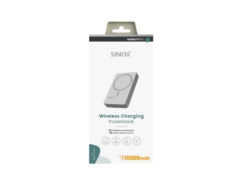 SINOX PRO SXP9100 trådlös powerbank 10000 mAh 20 W PD, grå