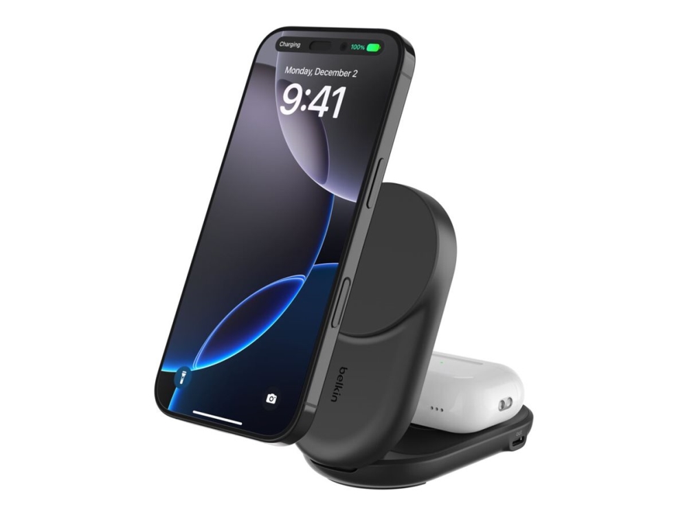 Belkin UltraCharge 2-i-1 vikbar magnetisk laddare 25 W Qi2, svart