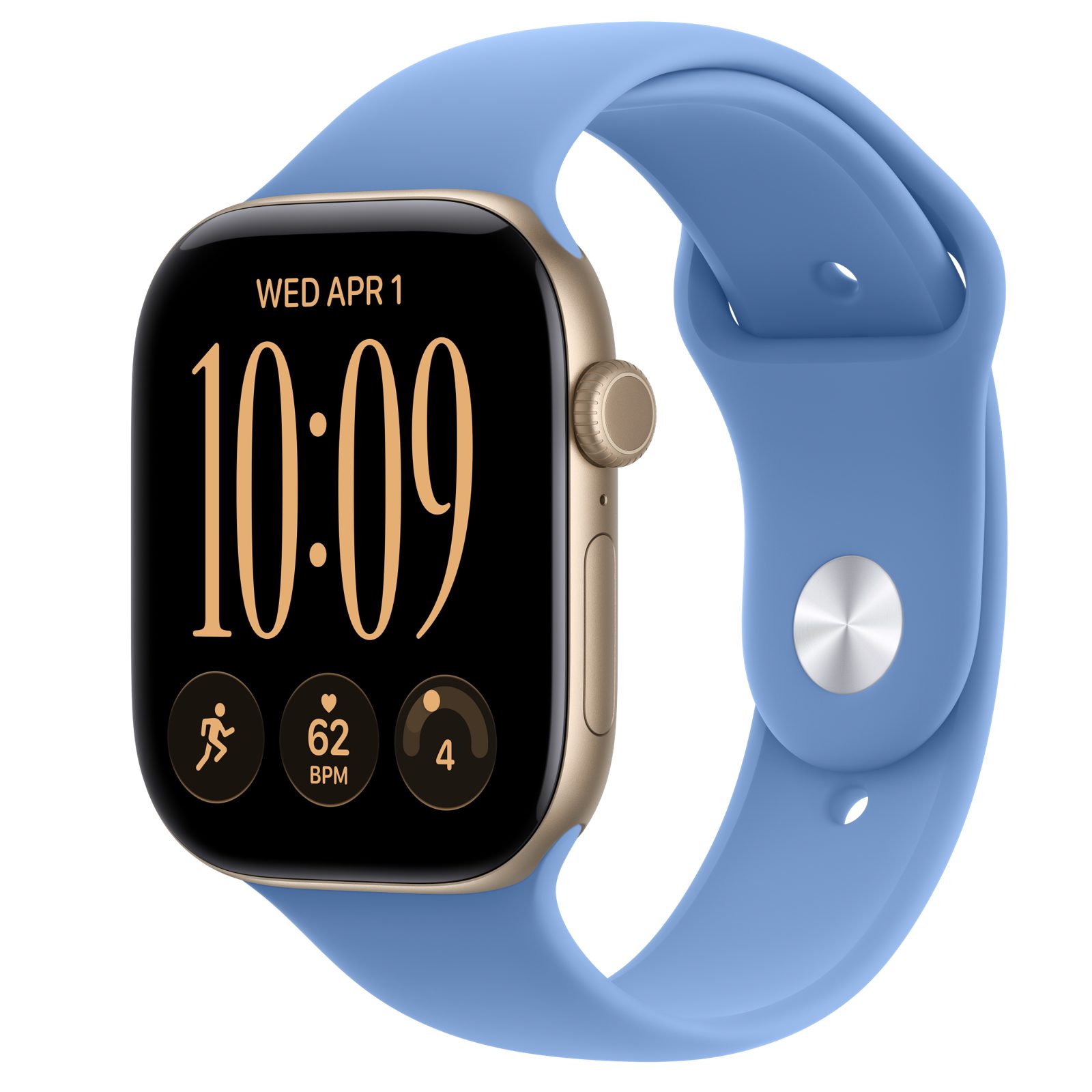 Apple Watch Series 12 (GPS) • Aluminiumboett ljust guld, 46 mm • Sportband ängsblå