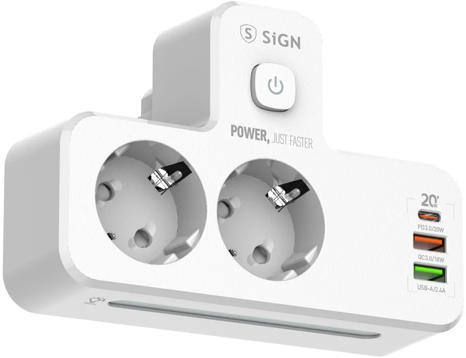 Grenuttag/laddare SiGN 20W med LED-nattlampa, 2-vägs, 2xUSB-A, 1xUSB-C - Vit, bild 3