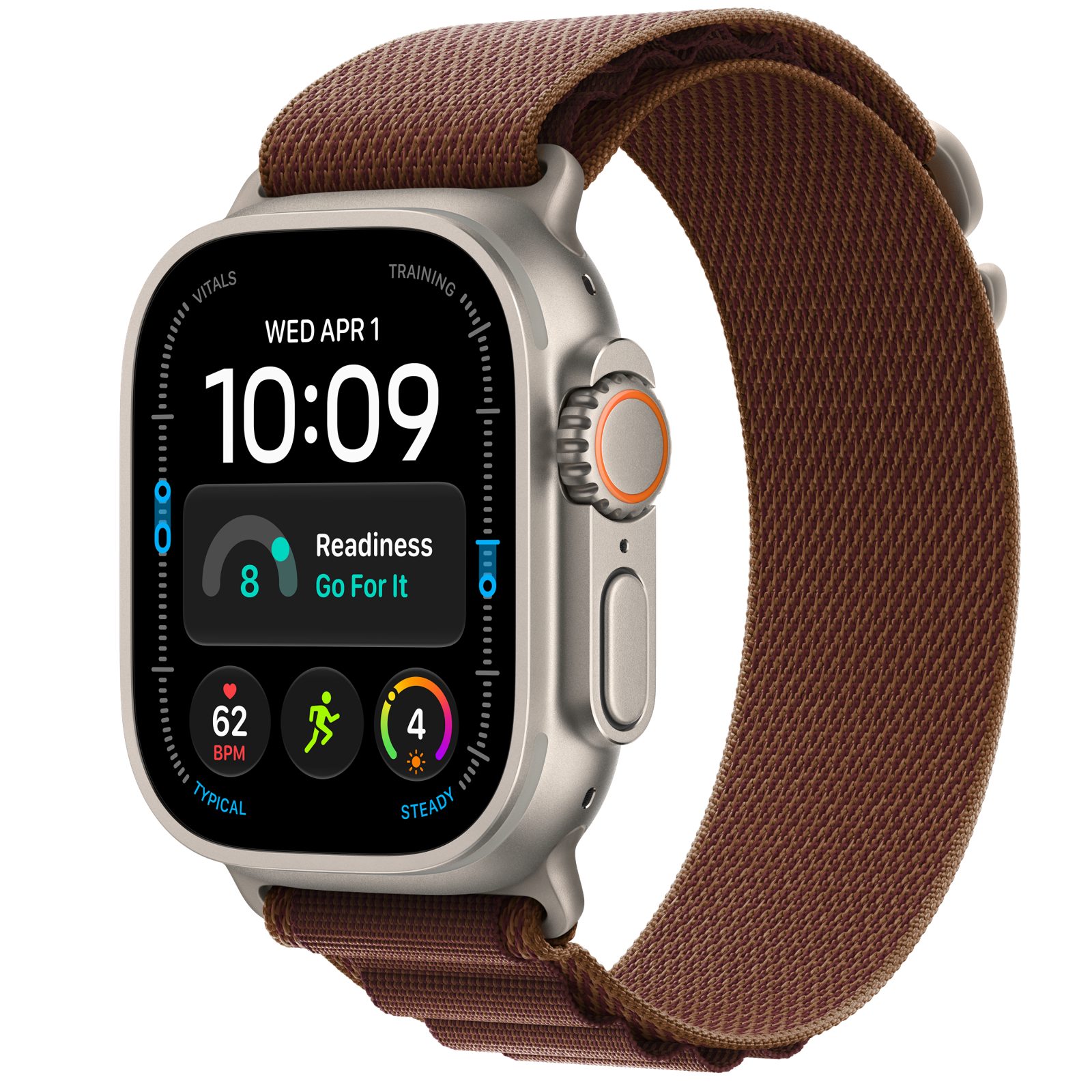 Apple Watch Ultra 4 (GPS + Cellular) • Titanboett naturlig, 49 mm • Bergsloop bourgogne