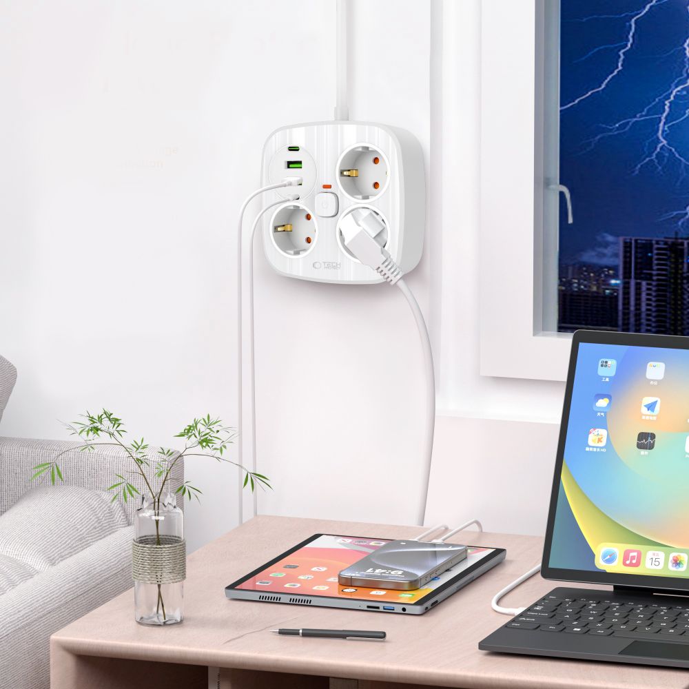 Tech-Protect PCS3X4 grenuttag, 3 uttag, 2xUSB-A, 2xUSB-C 200 cm - vit, bild 5