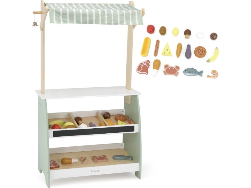 Viga Toys VIGA Trädmarknadsställ leksak med 18 matprodukter