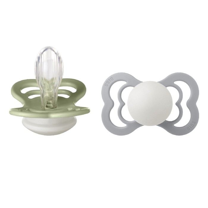 BIBS Pacifier Supreme 2 PACK Silicone Size 2 Sage GLOW/Cloud GLOW