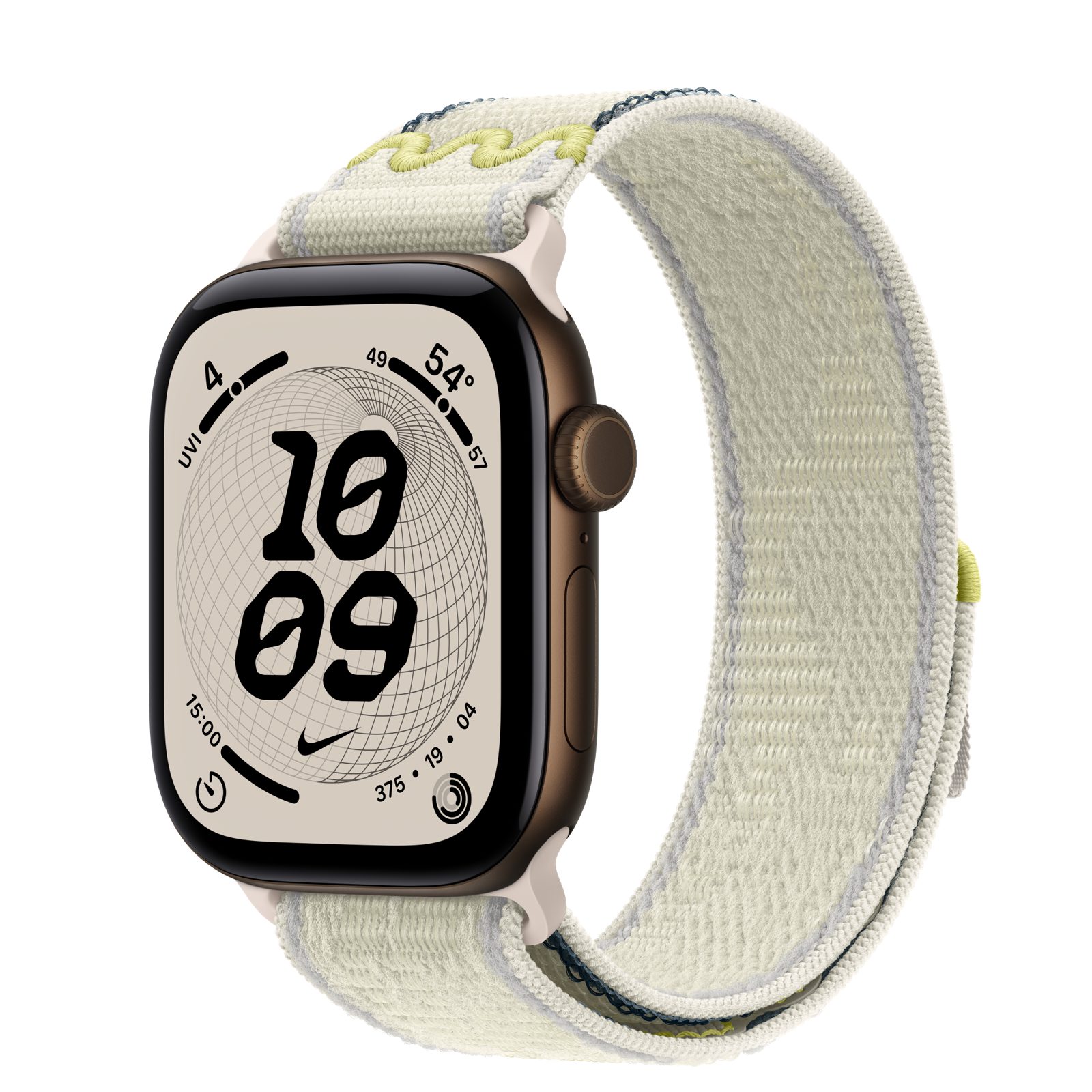 Apple Watch Series 12 (GPS + Cellular) • Aluminiumboett mörk brons, 42 mm • Nike-sportloop i Chalk Calm