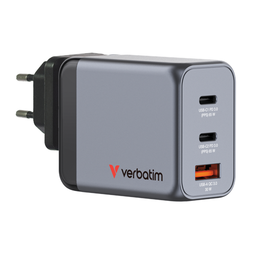 AC-adapter Verbatim GaN Charger 60W, 2xUSB-C / 1xUSB-A, inkl. reseadapter EU/UK/US