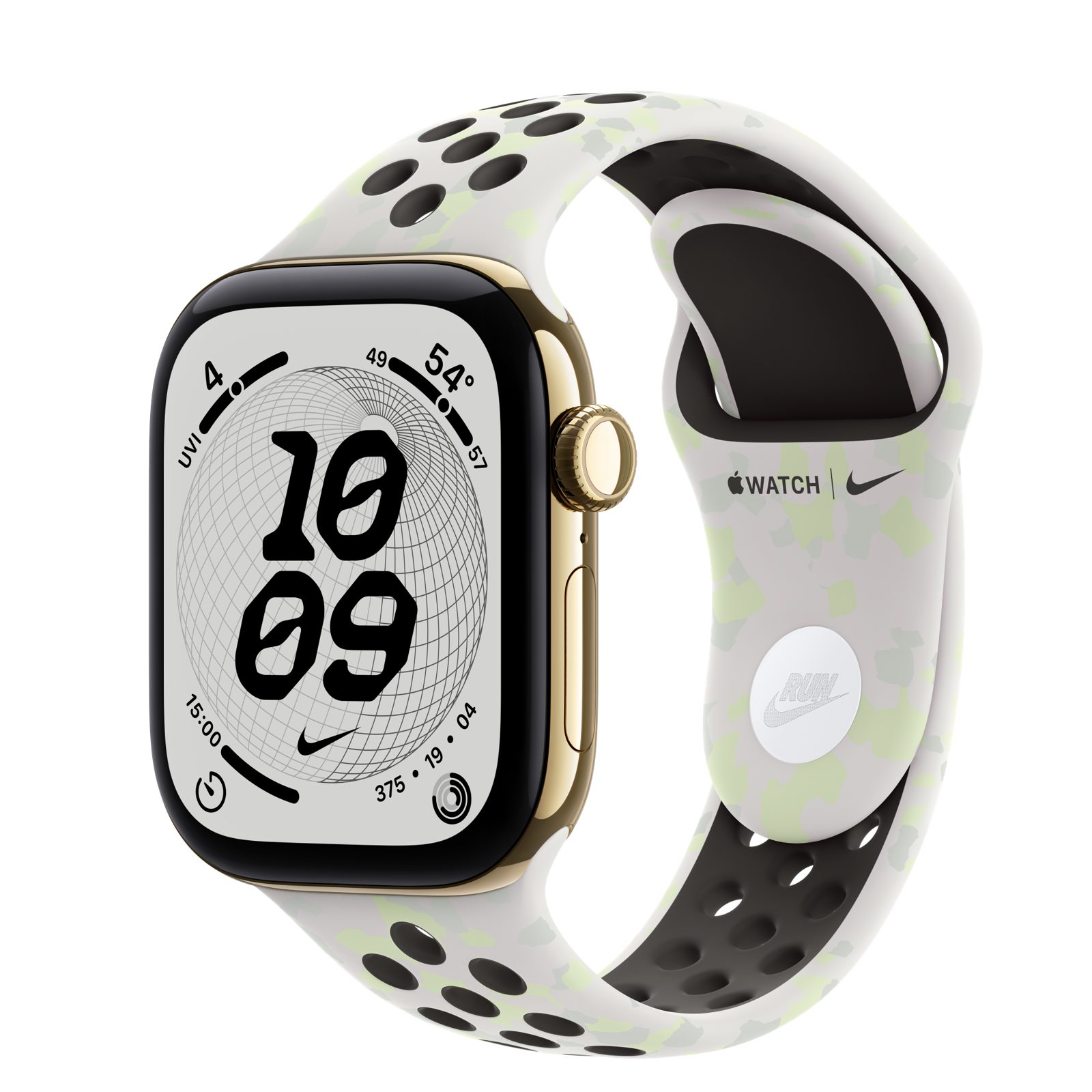 Apple Watch Series 12 (GPS + Cellular) • Titanboett skinande guld, 42 mm • Nike-sportband i Essential White