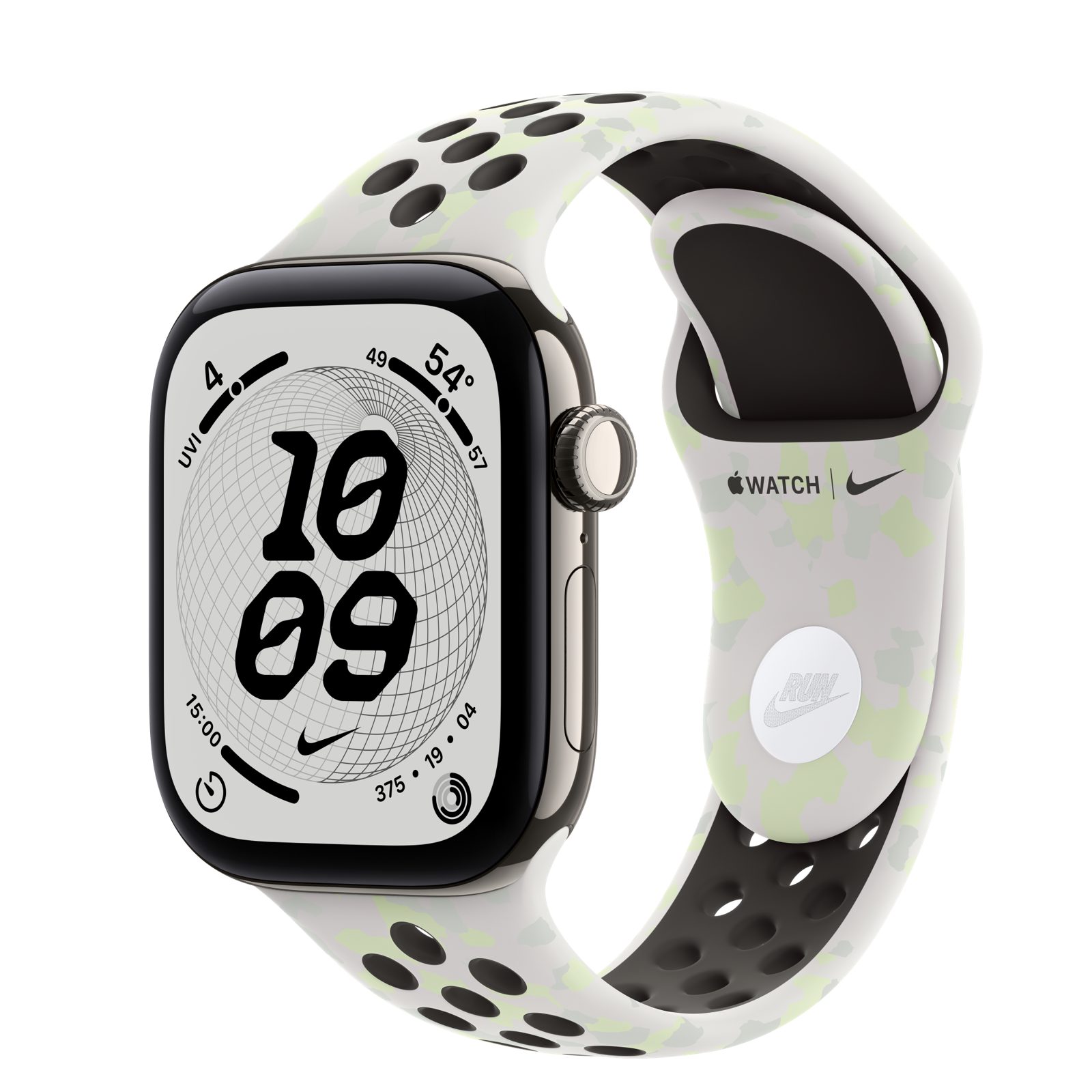 Apple Watch Series 12 (GPS + Cellular) • Titanboett naturlig, 42 mm • Nike-sportband i Essential White