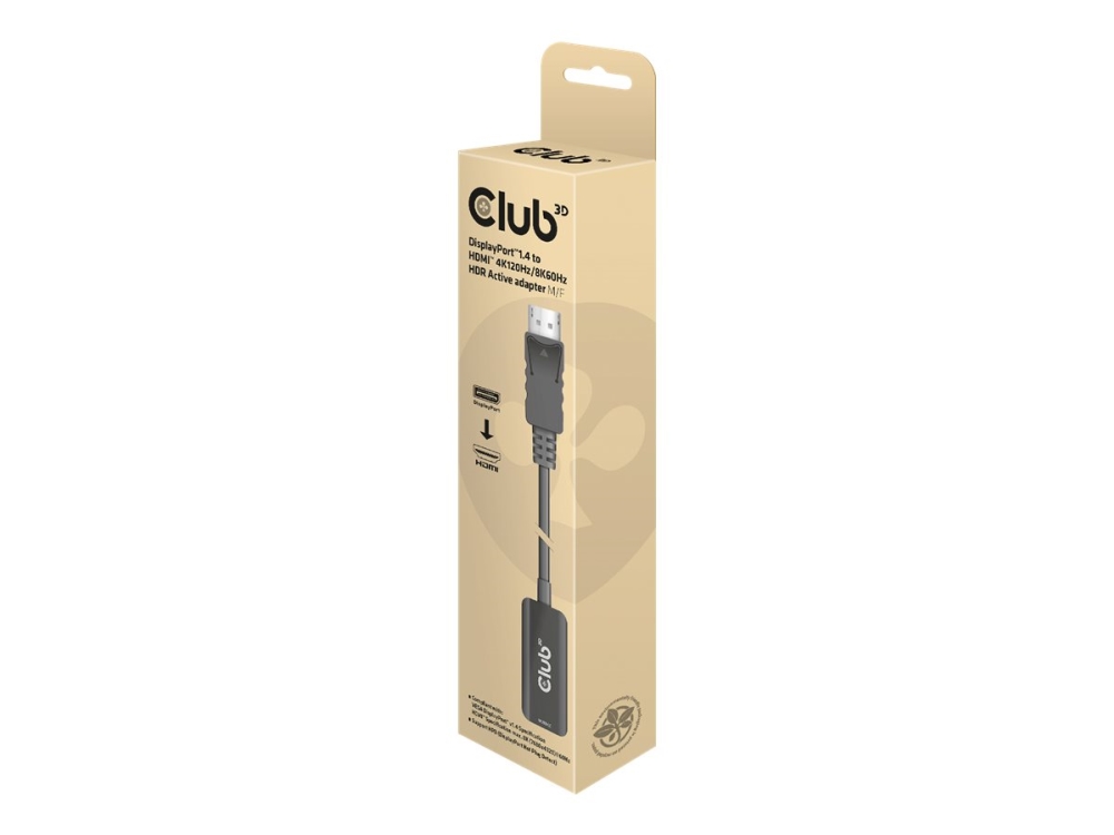 Club 3D - Videokort - DisplayPort hane till HDMI hona - 10 cm - aktiv, 4K120Hz stöd, Enkelriktad, 8K60 Hz (7680 x 4320) stöd