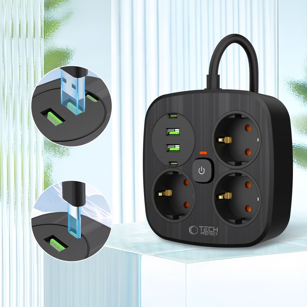 Tech-Protect PCS3X4 grenuttag, 3 uttag, 2xUSB-A, 2xUSB-C 200 cm - svart, bild 3