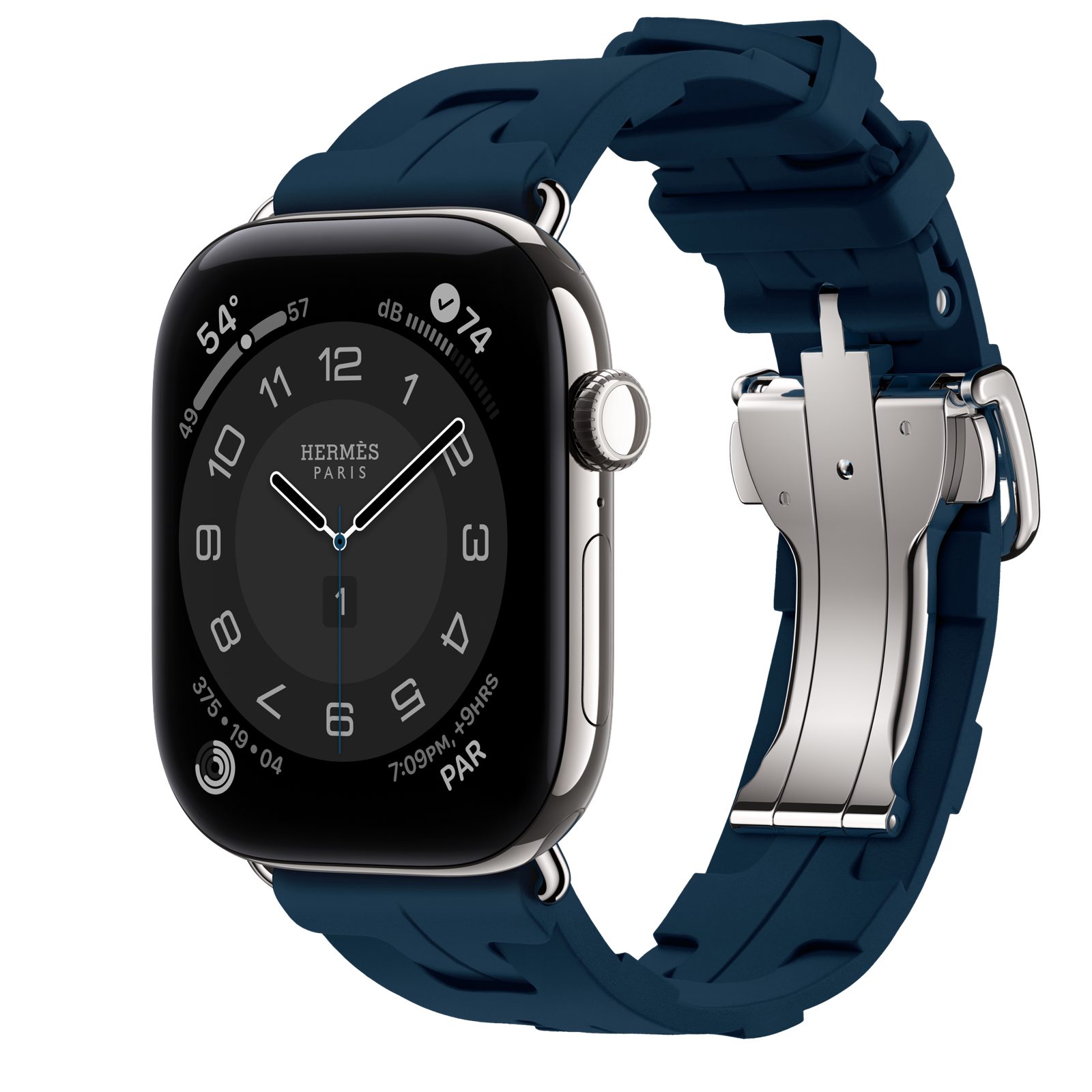 Apple Watch Hermès Series 12 (GPS + Cellular) • Titanboett silver, 46 mm • Kilim Simple Tour i Bleu de Malte