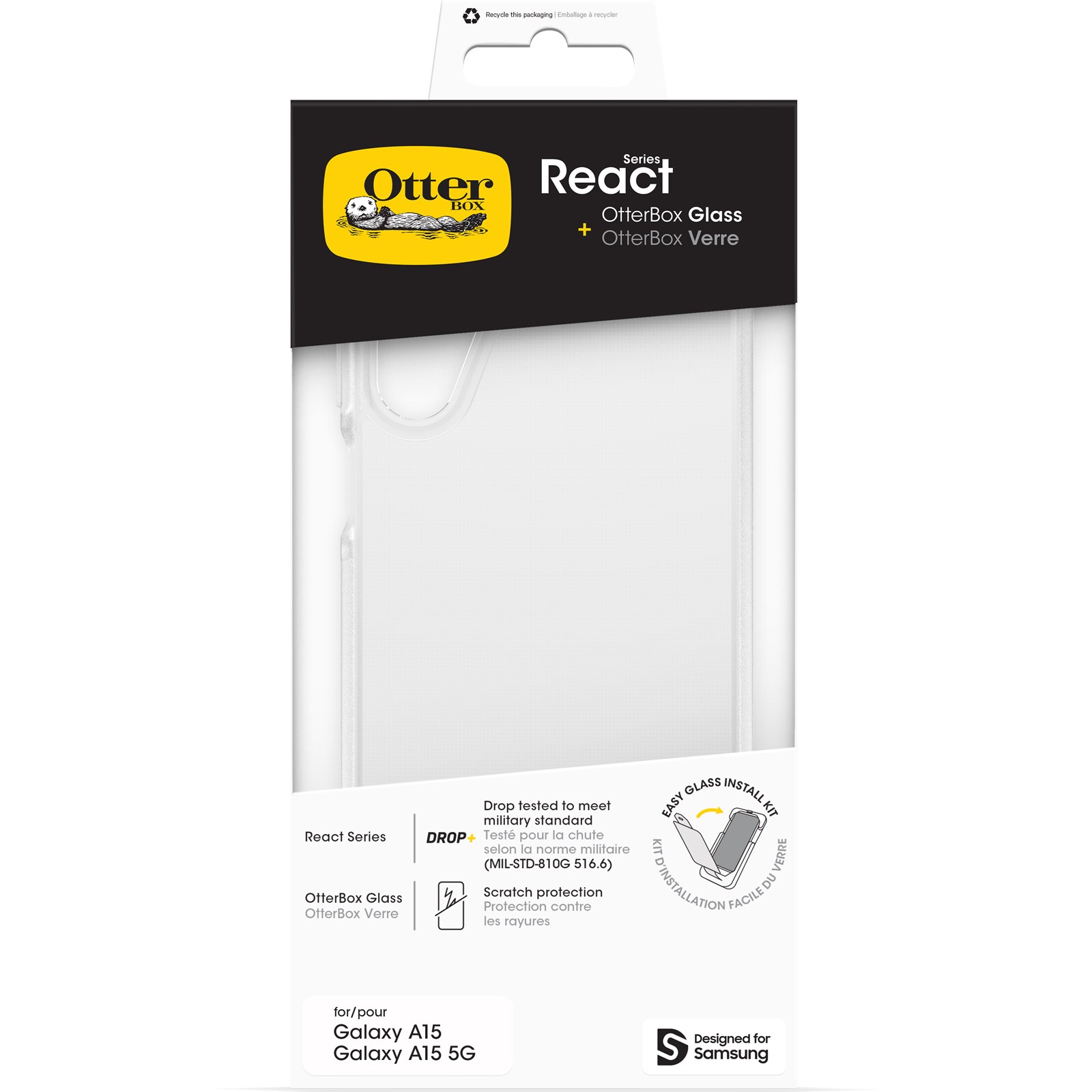 OtterBox React skal + skärmskydd i glas för Samsung Galaxy A15/A15 5G (transparent), bild 4