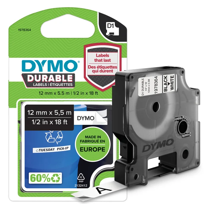Dymo D1 - Durableetiketter, svart På vitt - 12MM X 5.5m