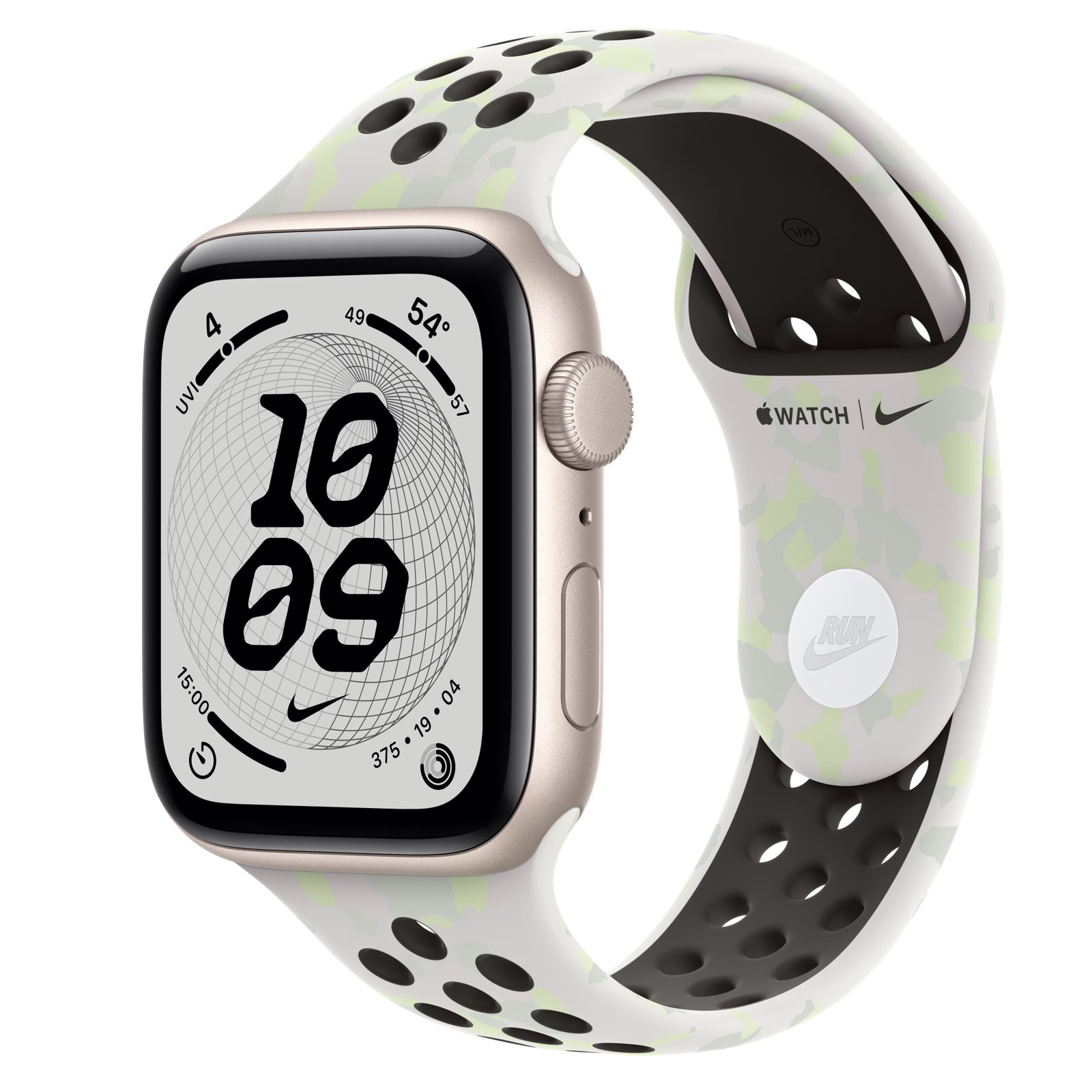 Apple Watch SE 3 (GPS) • Aluminiumboett stjärnglans, 44 mm • Nike-sportband i Essential White