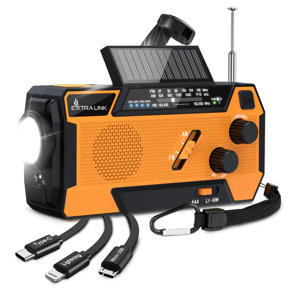 Nödradio med vev och solcell / 4000 mAh powerbank / krisradio / beredskapsradio med ficklampa och SOS-larm