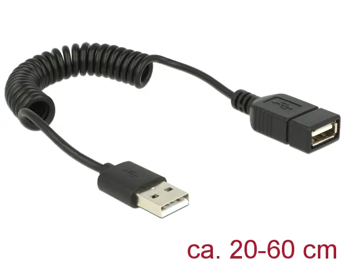 Delock USB 2.0-förlängningskabel USB-A hane till USB-A hona, spiralkabel