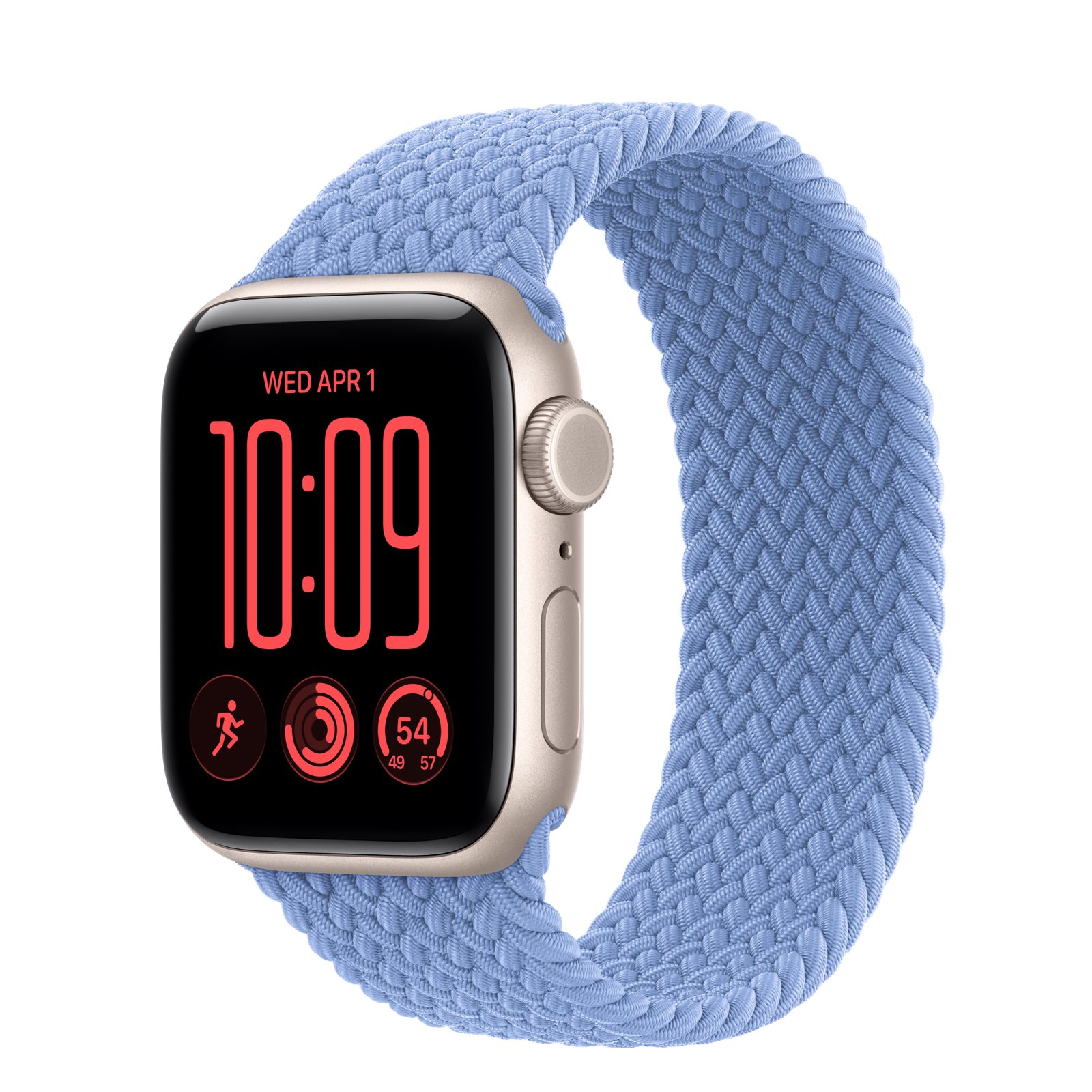 Apple Watch SE 3 (GPS + Cellular) • Aluminiumboett stjärnglans, 40 mm • Flätad sololoop ängsblå