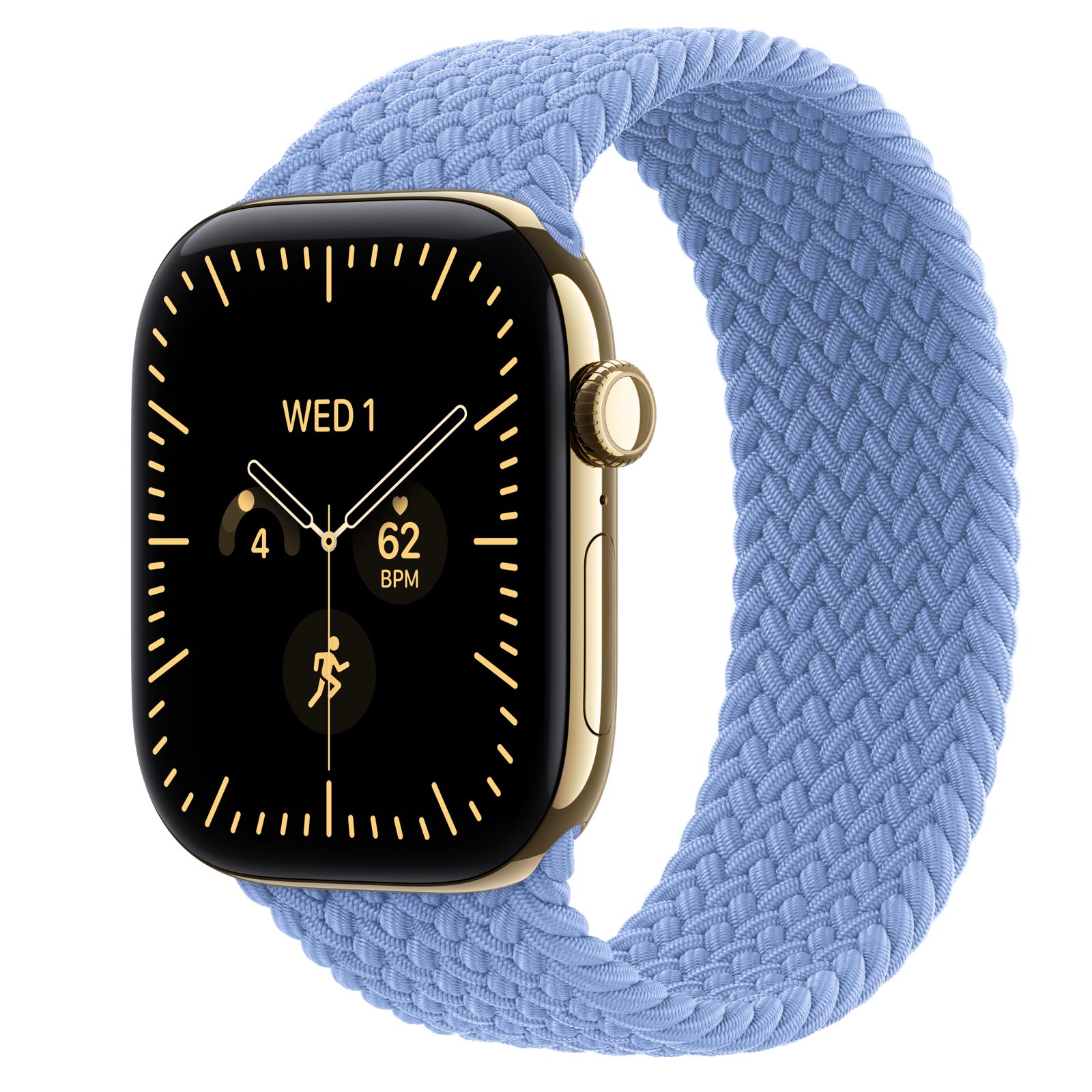 Apple Watch Series 12 (GPS + Cellular) • Titanboett skinande guld, 46 mm • Flätad sololoop ängsblå