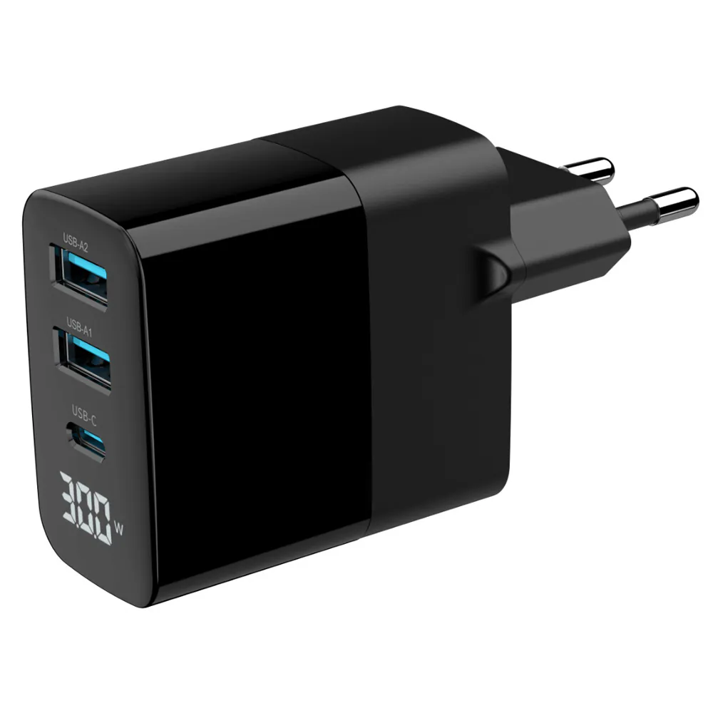 Gembird - Strömadapter - GaN, LCD - 30 Watt - 3 A - PD, QC 3.0 - 3 utdatakontakter (2 x 9-stifts USB typ A, USB-C) - svart