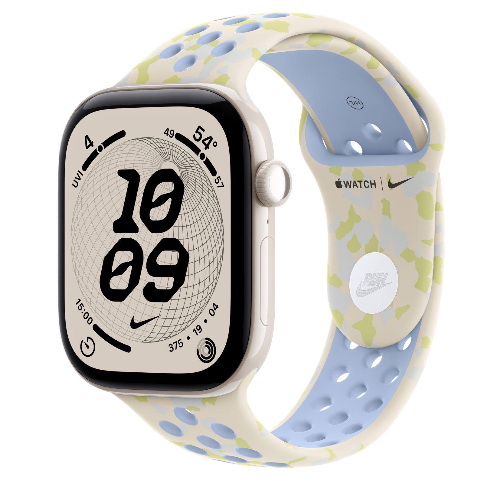 Apple Watch Series 12 (GPS + Cellular) • Keramikboett pärlvit, 46 mm • Nike-sportband i Chalk Calm