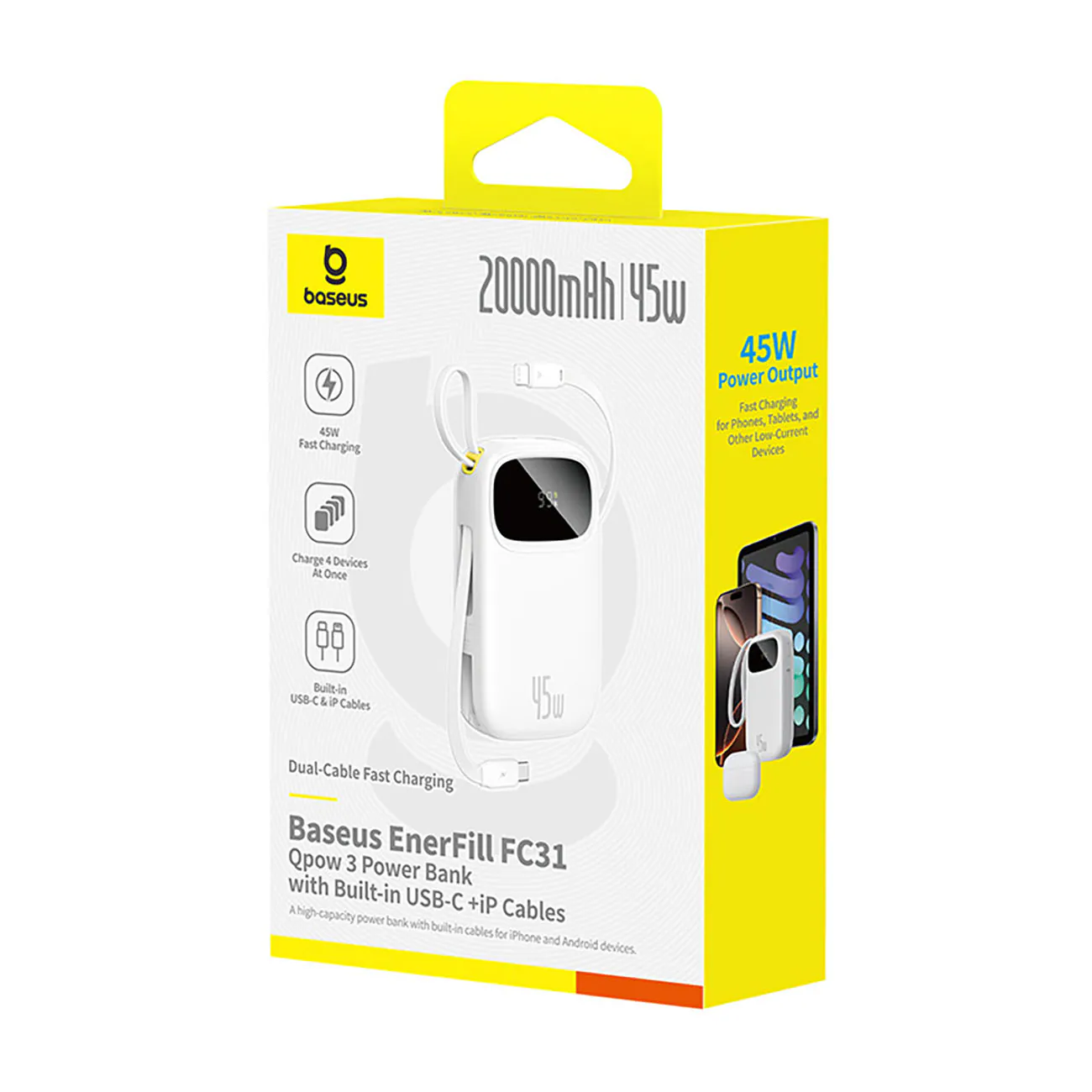 Baseus EnerFill FC31 20000mAh 45W Powerbank med digital display & 2 inbyggda kablar - Vit, bild 3
