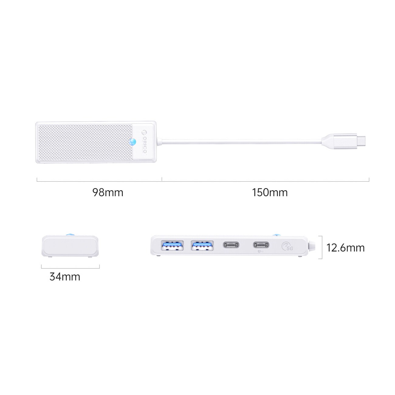Orico PAPW2AC-C3 USB-hubb 4 portar: 2x USB-A 3.0, 1x USB-C 3.0, USB-C PD 100 W, 0,15 m vit, bild 2