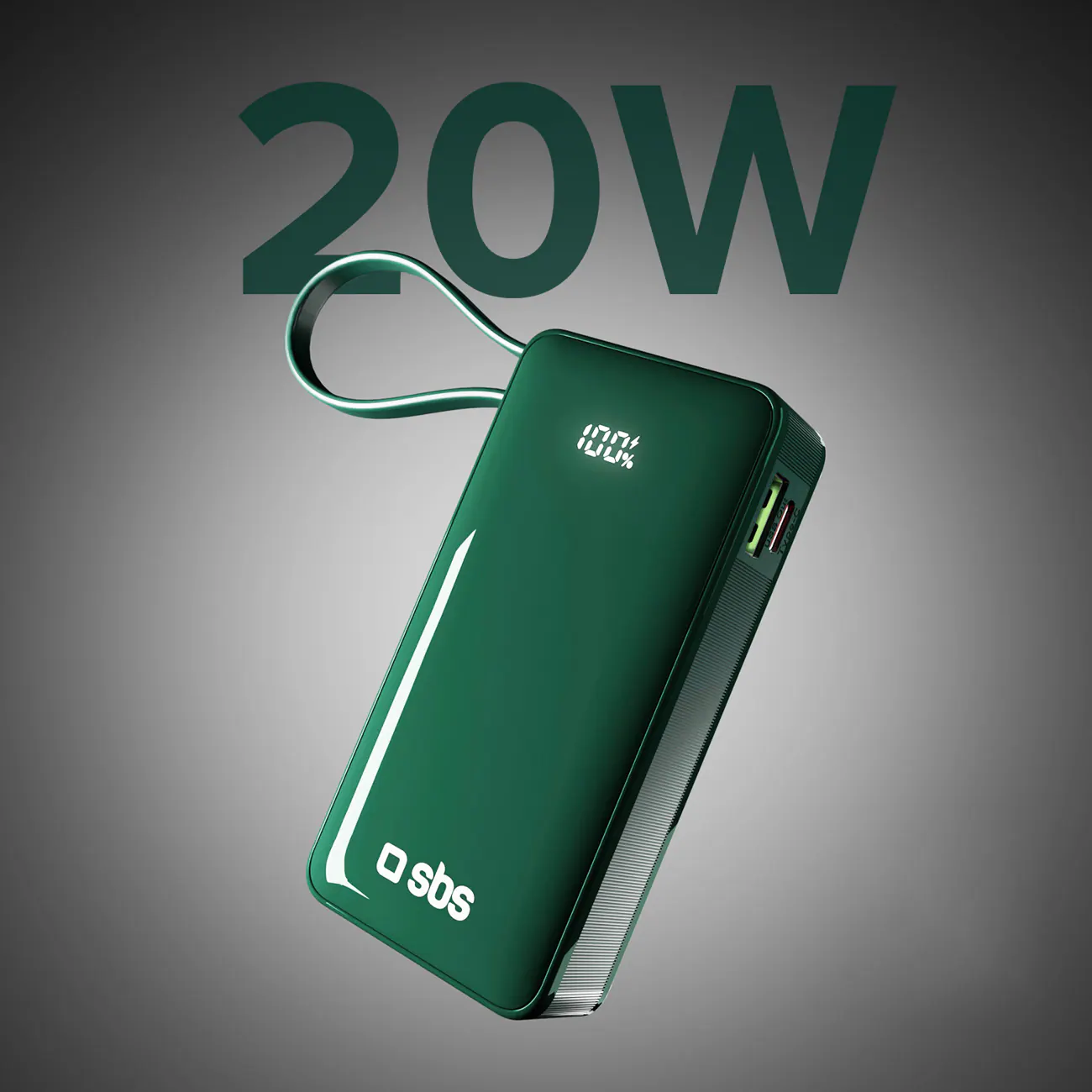 Powerbank SBS 10000 mAh 20W med inbyggd USB-C-kabel och digital display - grön, bild 4