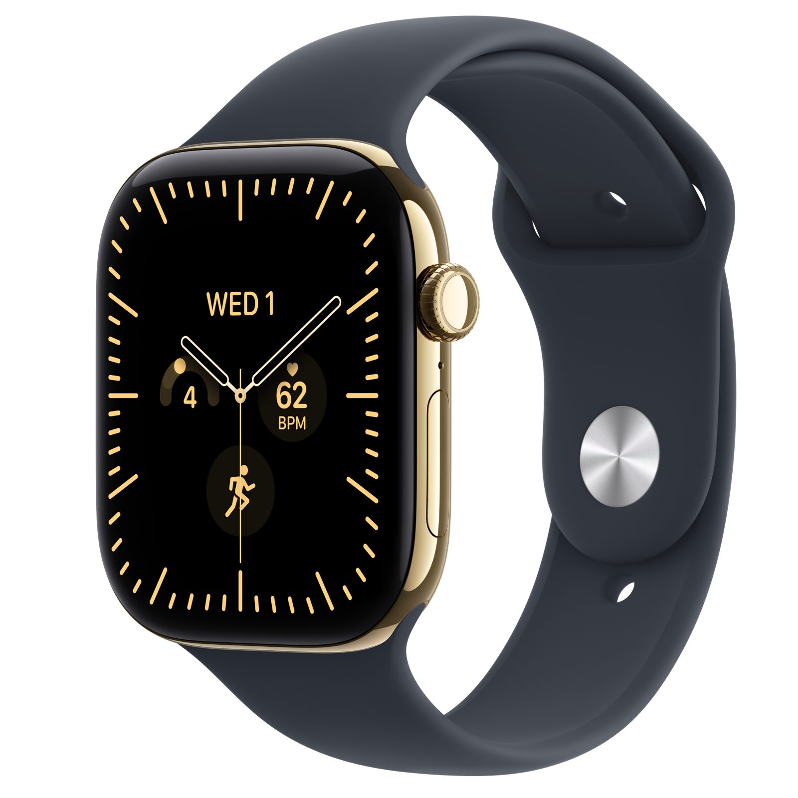 Apple Watch Series 12 (GPS + Cellular) • Titanboett skinande guld, 46 mm • Sportband marinblå