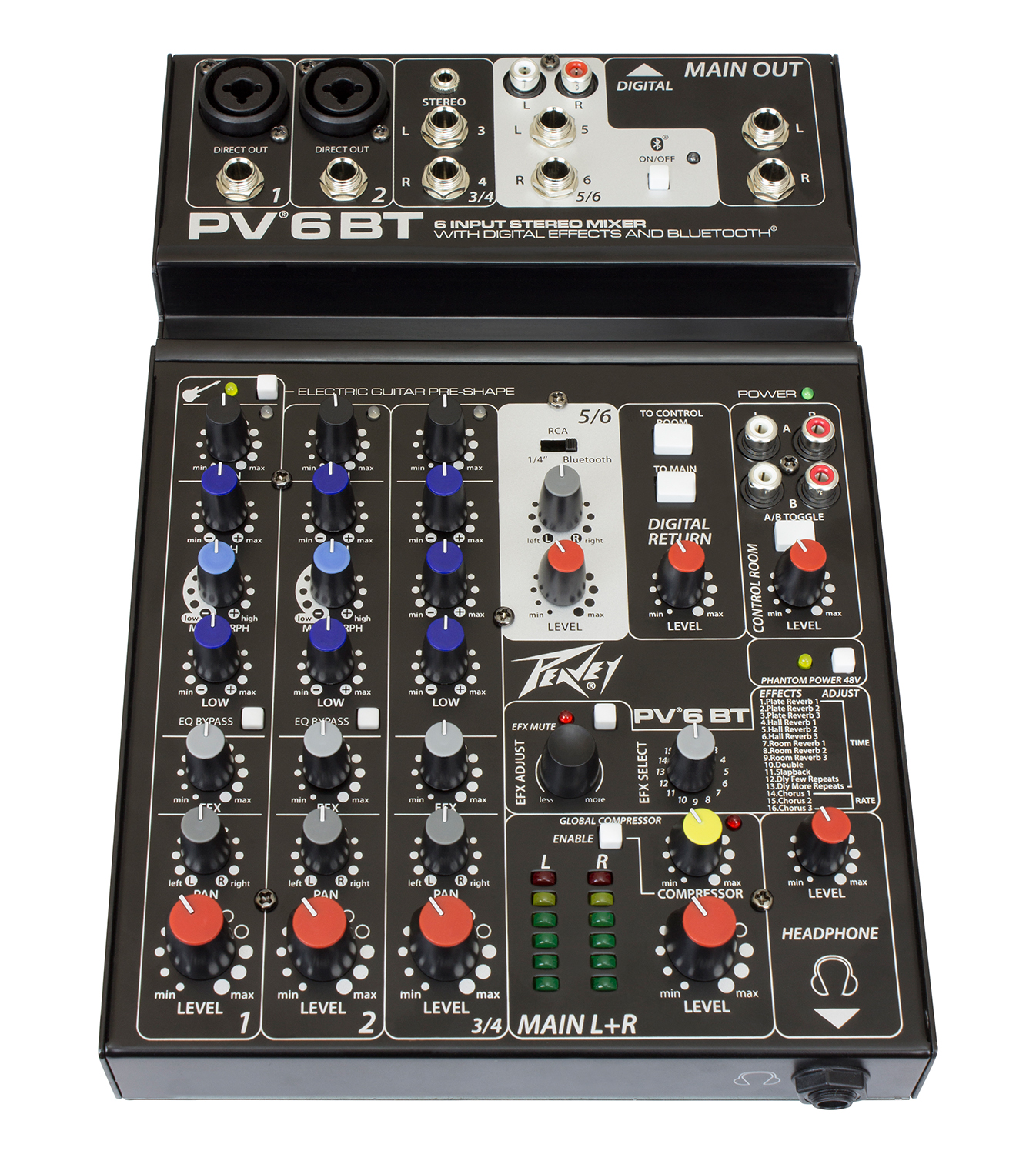 Peavey PV-6 BT Mixer, 6-kanals med 2xXLR och 48V fantommatning, uppspelning från USB/Bluetooth, bild 3