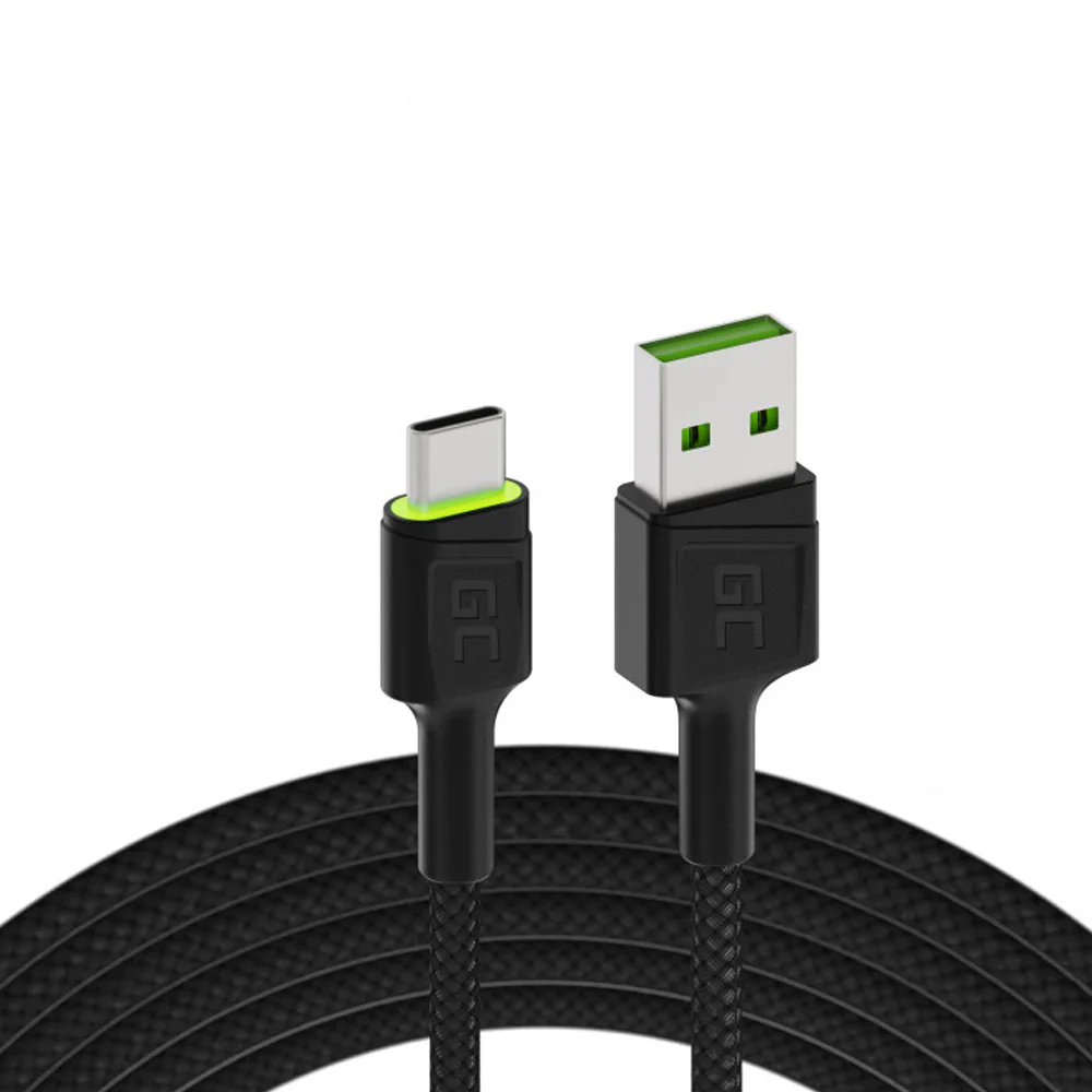 Green Cell Cable Ray USB-A - USB-C Grön LED 2m QC 3.0 snabbladdning