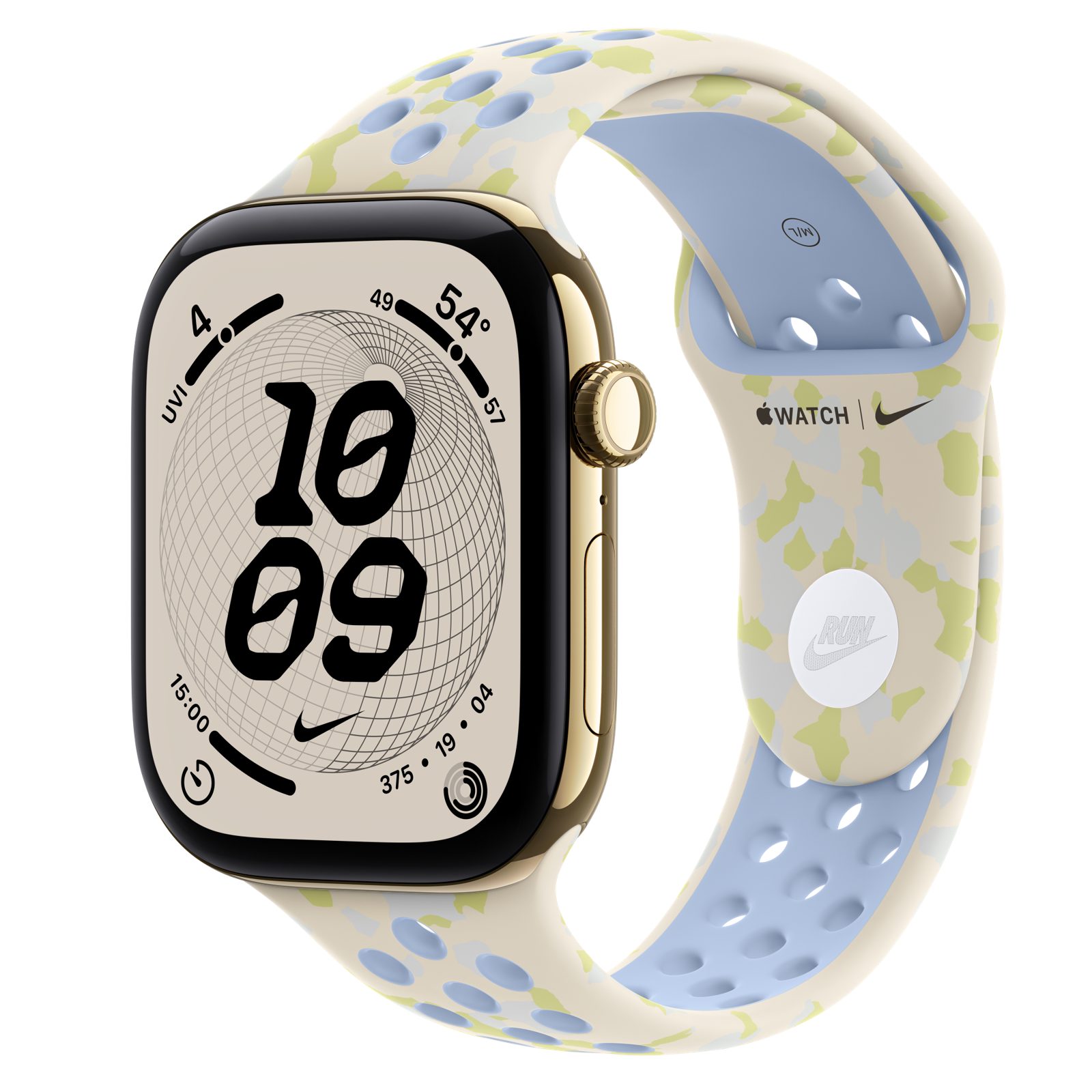 Apple Watch Series 12 (GPS + Cellular) • Titanboett skinande guld, 46 mm • Nike-sportband i Chalk Calm