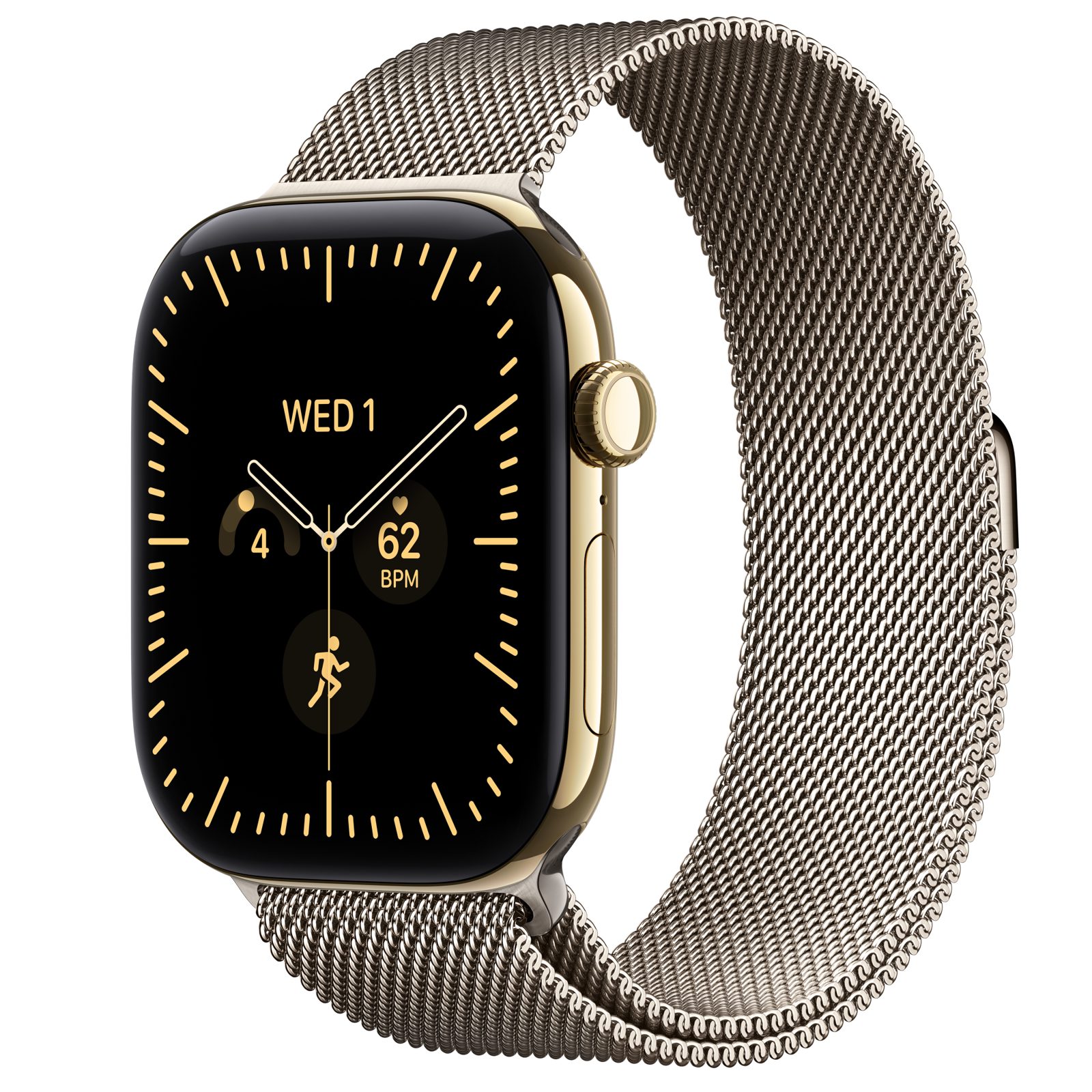 Apple Watch Series 12 (GPS + Cellular) • Titanboett skinande guld, 46 mm • Milanesisk loop naturlig finish