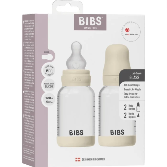 BIBS Glass Baby Bottle Round Silicone 2-pack 120 ml Slow Flow, Ivory