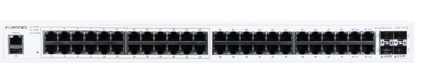 Fortinet FortiSwitch FS-148F-POE, 24xGbE PoE + 24xGbE + 4x1G SFP+, 370W, rackmonterad 1U, bild 2