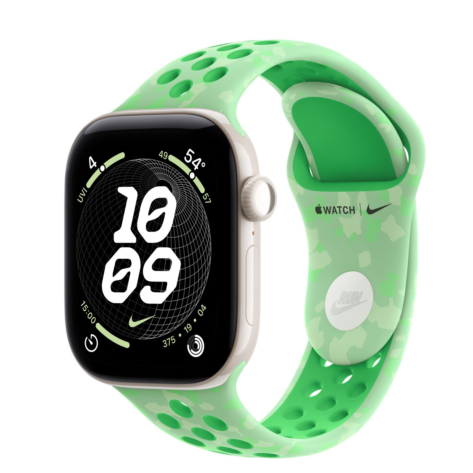 Apple Watch Series 12 (GPS + Cellular) • Keramikboett pärlvit, 42 mm • Nike-sportband i Green Spark