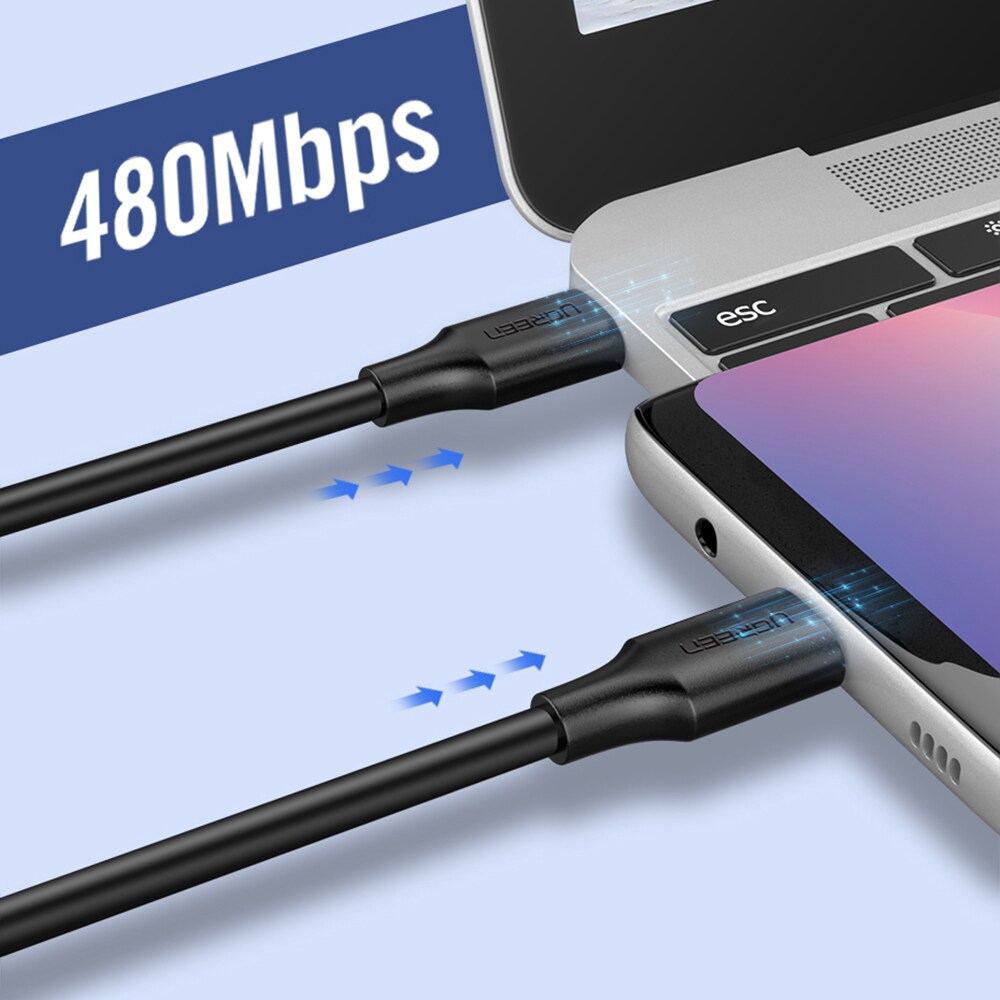 Ugreen USB-C till USB-C-kabel PD, QC, 3A, 480mbps, 2m - Svart, bild 4