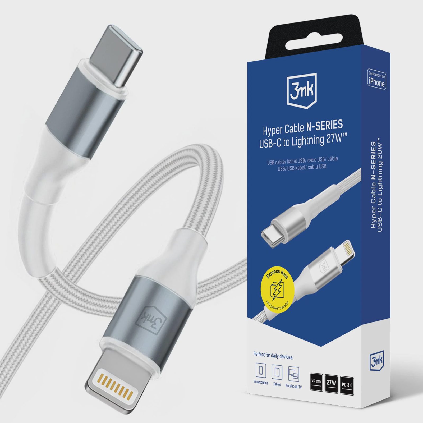 3mk Hyper Cable N-SERIES USB-C / Lightning 50 cm PD 3.0 9 V/3 A 27 W – vit