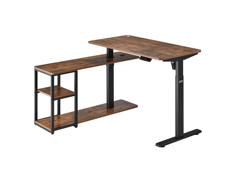 Ergo Office eldrivet höj- och sänkbord, maxhöjd 121 cm, max 70 kg, med topp och hyllor, för stående arbete, brun
