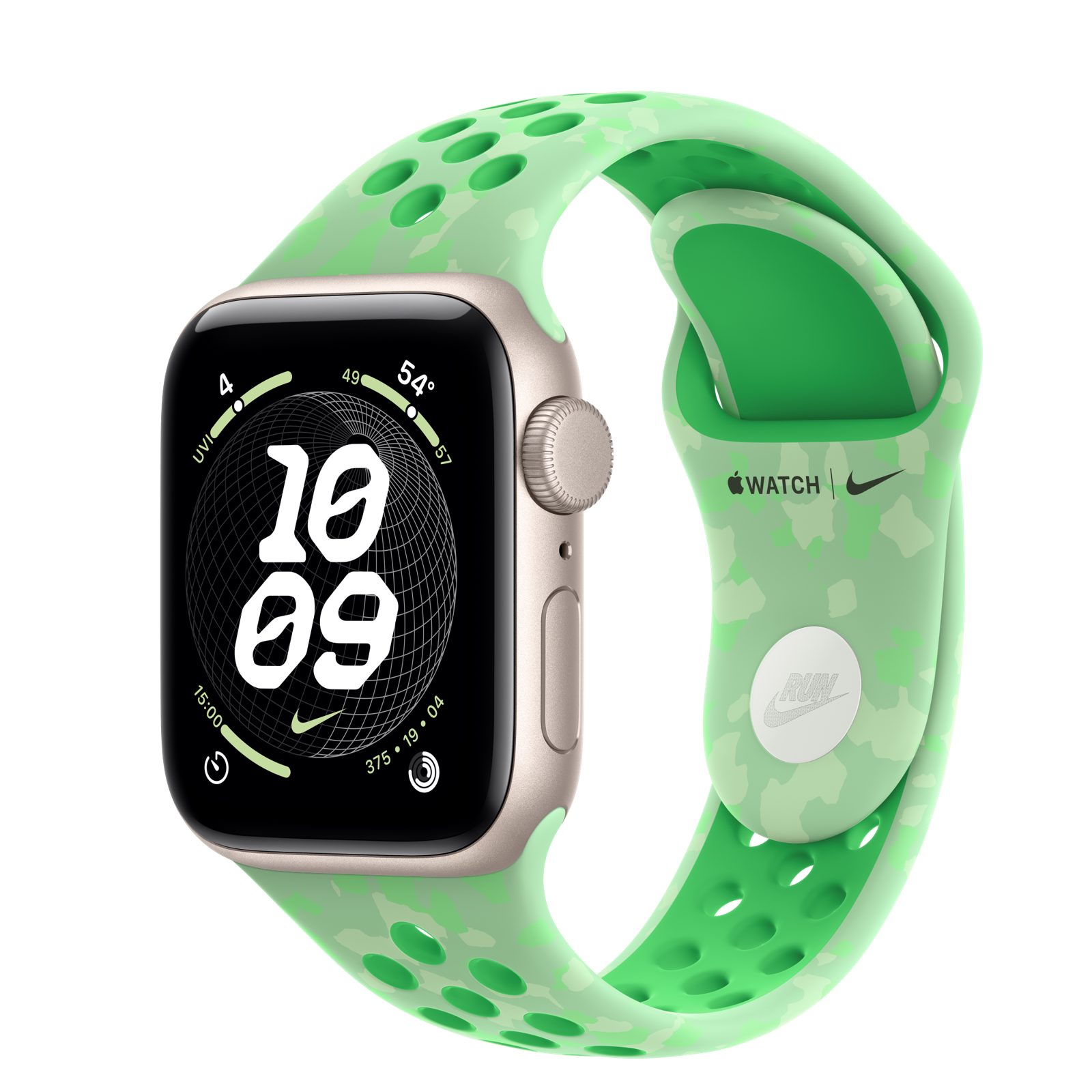 Apple Watch SE 3 (GPS) • Aluminiumboett stjärnglans, 40 mm • Nike-sportband i Green Spark