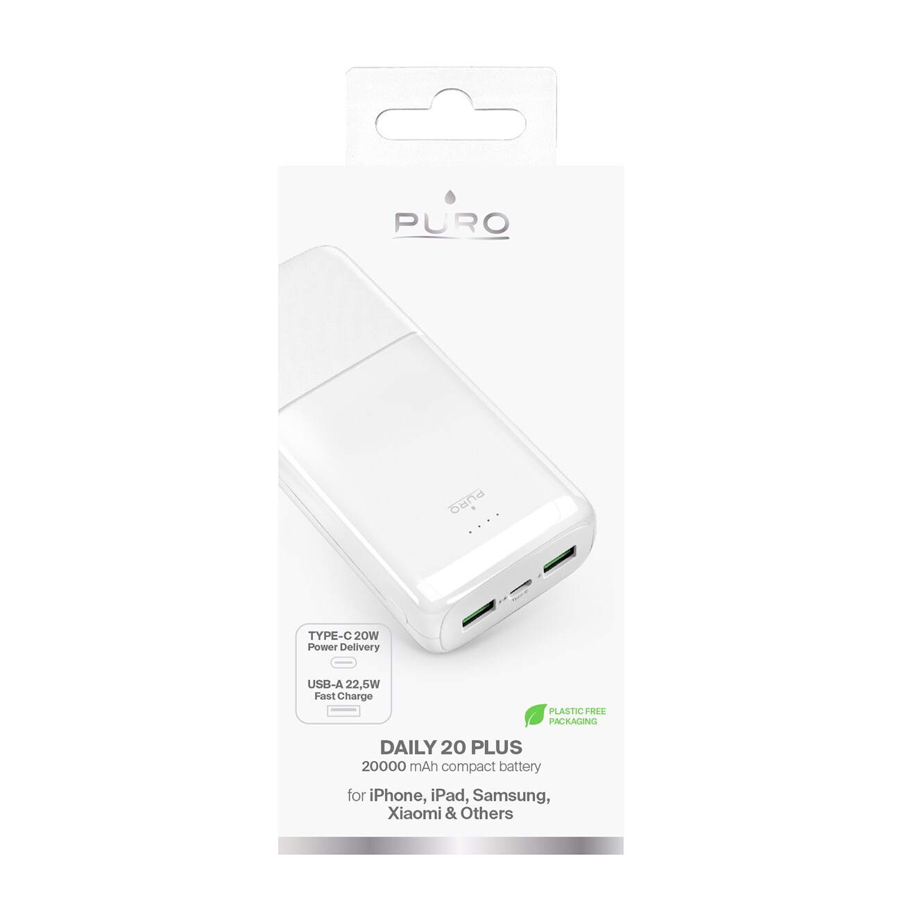 Powerbank Puro DAILY 20 PLUS 20000mAh 2x USB-A / 1x USB-C 22,5W PD AFC - vit, bild 3