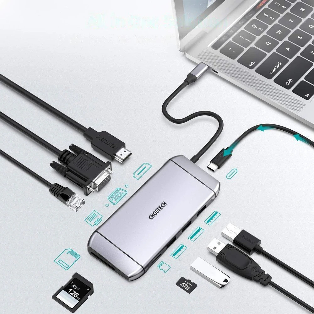 Choetech 9in1 USB Type C HUB - 3x USB 3.2 Gen 1, SD/TF-kortläsare, HDMI 4K, VGA 60Hz, RJ45, grå, bild 3