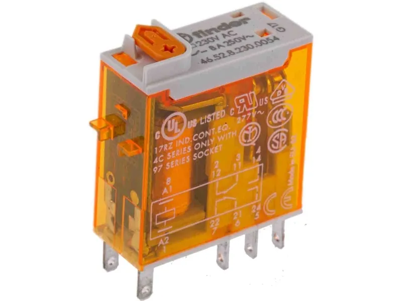 FINDER Industriellt relä 8A (15A), 2CO, 230VAC. för uttag och lödning. Låsbar testknapp, mekanisk indikator och dubbel LED (AC)