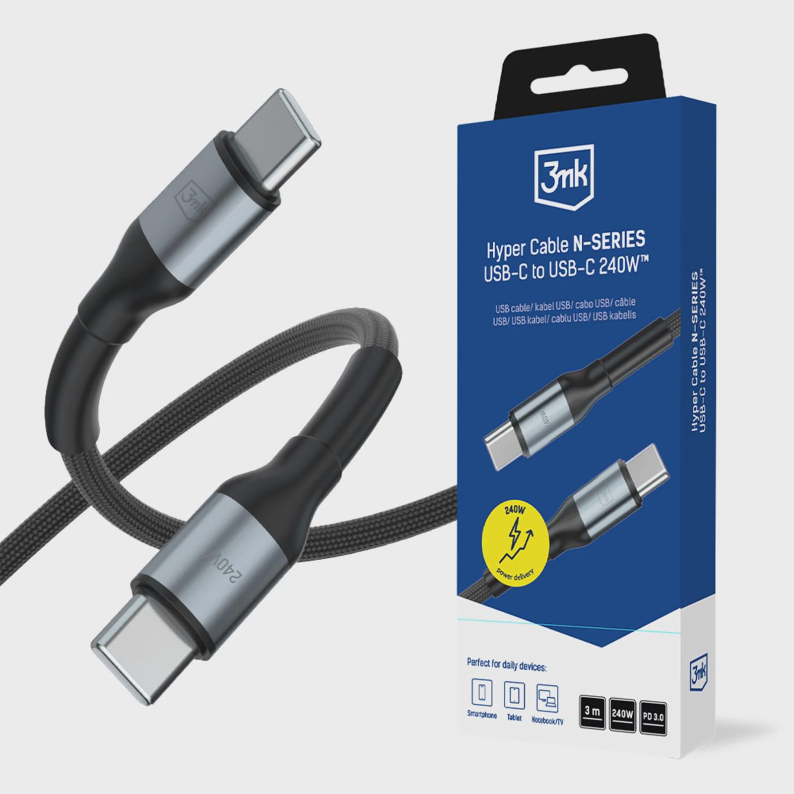 3mk Hyper Cable N-SERIES USB-C / USB-C 3 m PD 3.0 QC 3.0 48 V / 5 A 240 W – svart