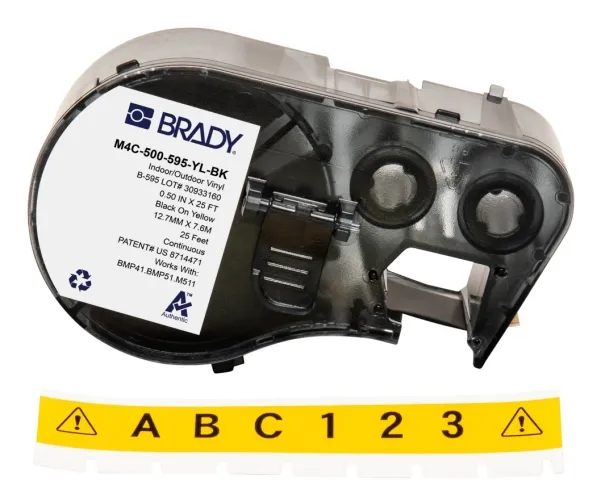 Brady M4C-500-595-YL-BK, Svart, Gul, Självhäftande skrivaretikett, Kontinuerlig etikett, Vinyl, Termal transfer, Akryl