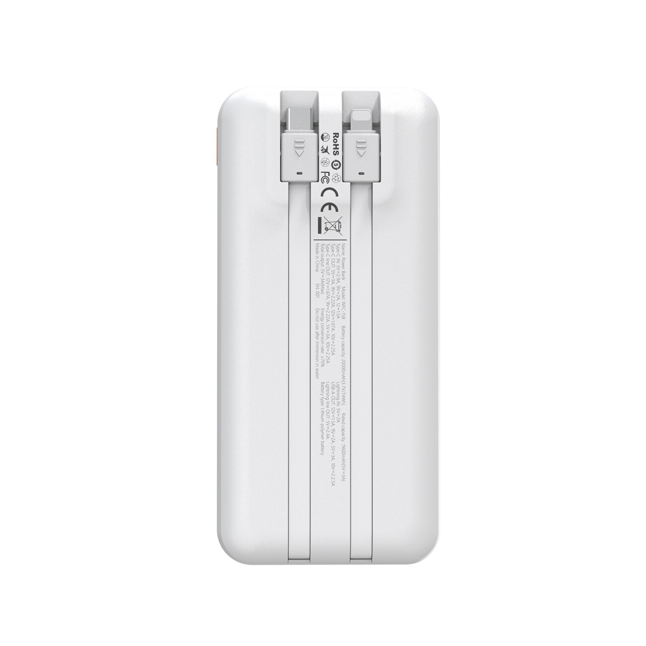 Wozinsky WFC-15W 20 000 mAh 22,5 W PD20W powerbank med inbyggda Lightning- och USB-C-kablar – vit, bild 4