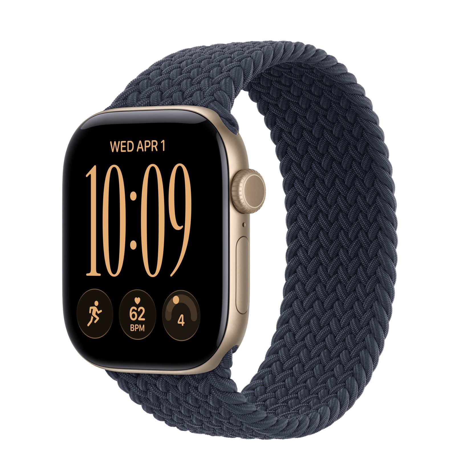 Apple Watch Series 12 (GPS) • Aluminiumboett ljust guld, 42 mm • Flätad sololoop marinblå
