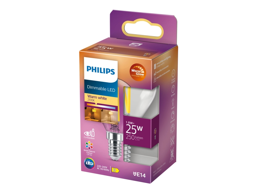 Philips - LED-glödlampa med filament - form: P45 - klar finish - E14 - 2.5 W (motsvarande 25 W) - klass D - varmt vitt ljus - 2200-2700 K