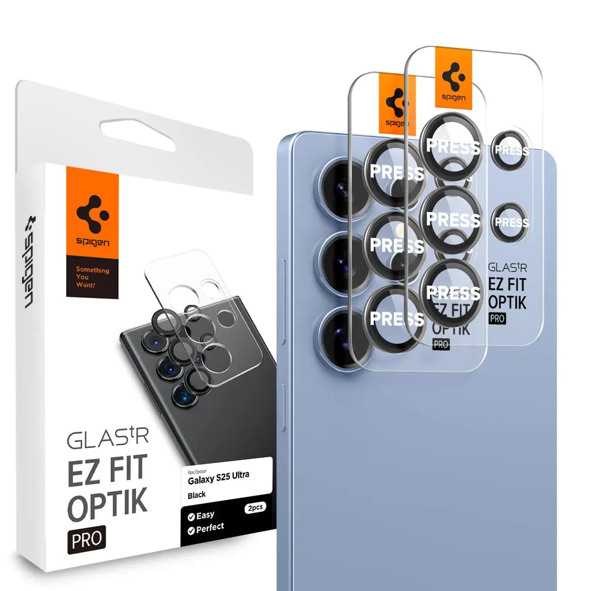 Spigen Glas.tR EZ Fit Optik Pro, Samsung, Galaxy S25 Ultra, Dammtålig, Reptålig, Svart, Transparent, 2 st